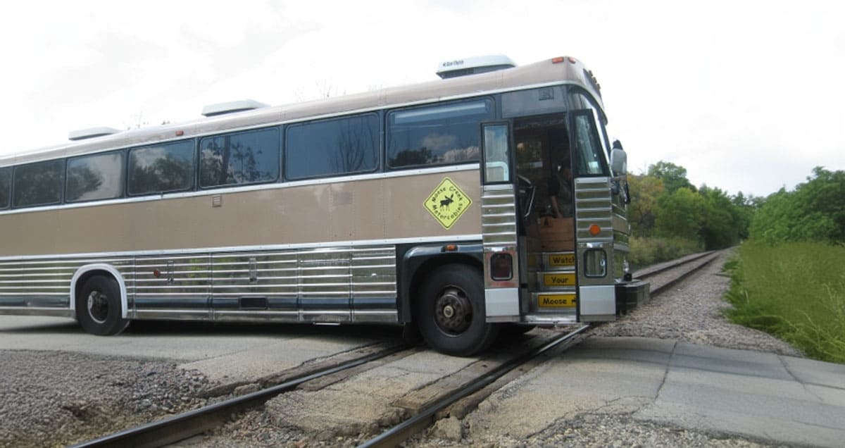 Getting a Bus Stuck at a Railroad Crossing - bus conversion photo