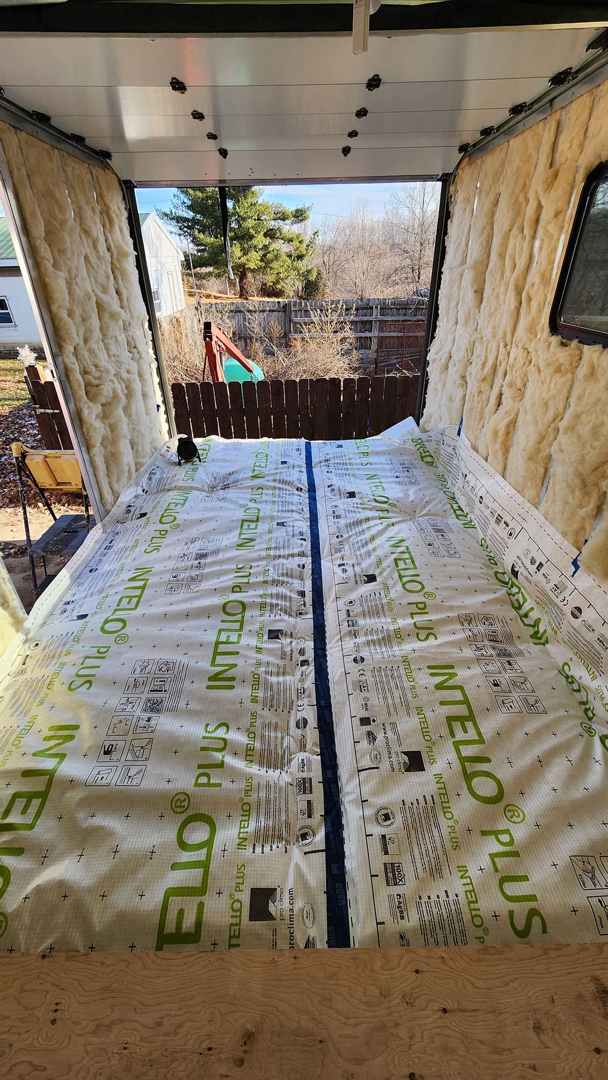 The vapor barrier is in place on the floor.