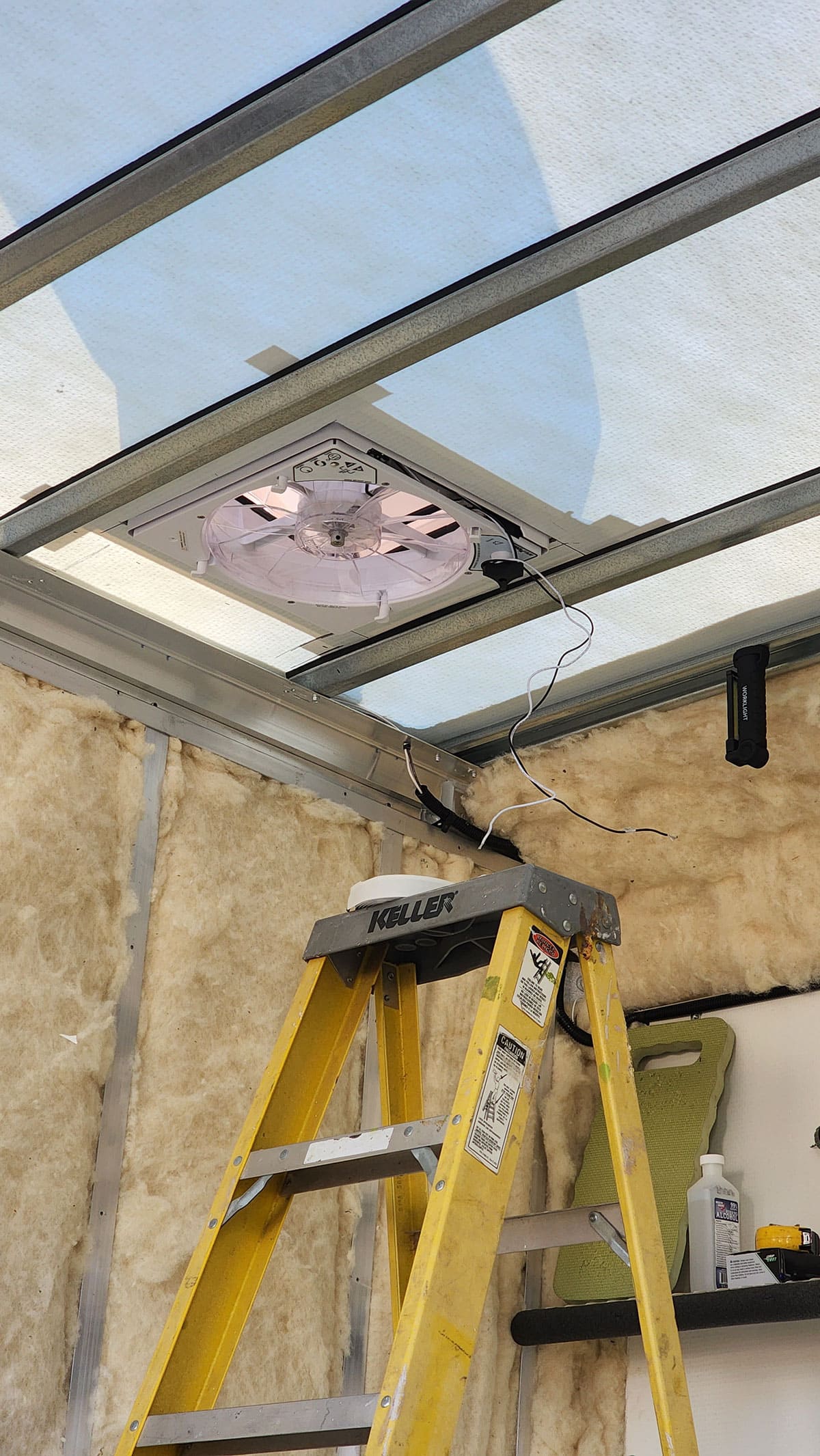 The front MaxxAir vent is installed in the ceiling.