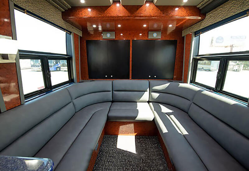 The rear lounge of an entertainer coach. 