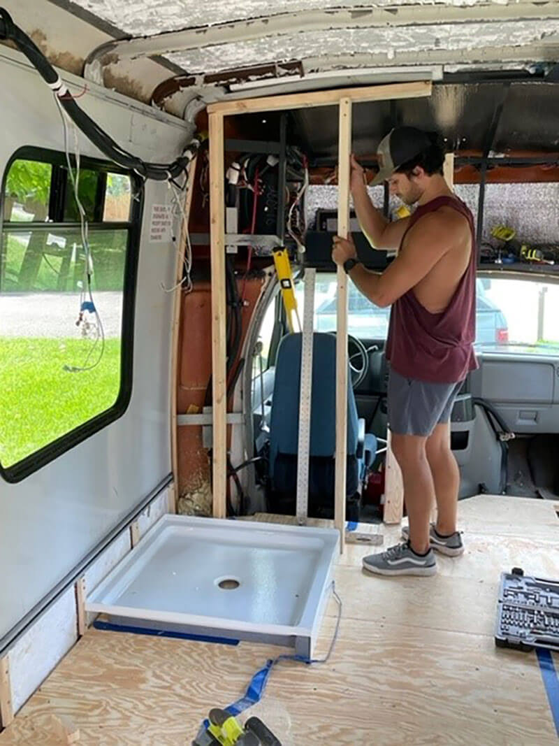 The start of framing out the bus. We built out the structure of the bus before putting up the walls.