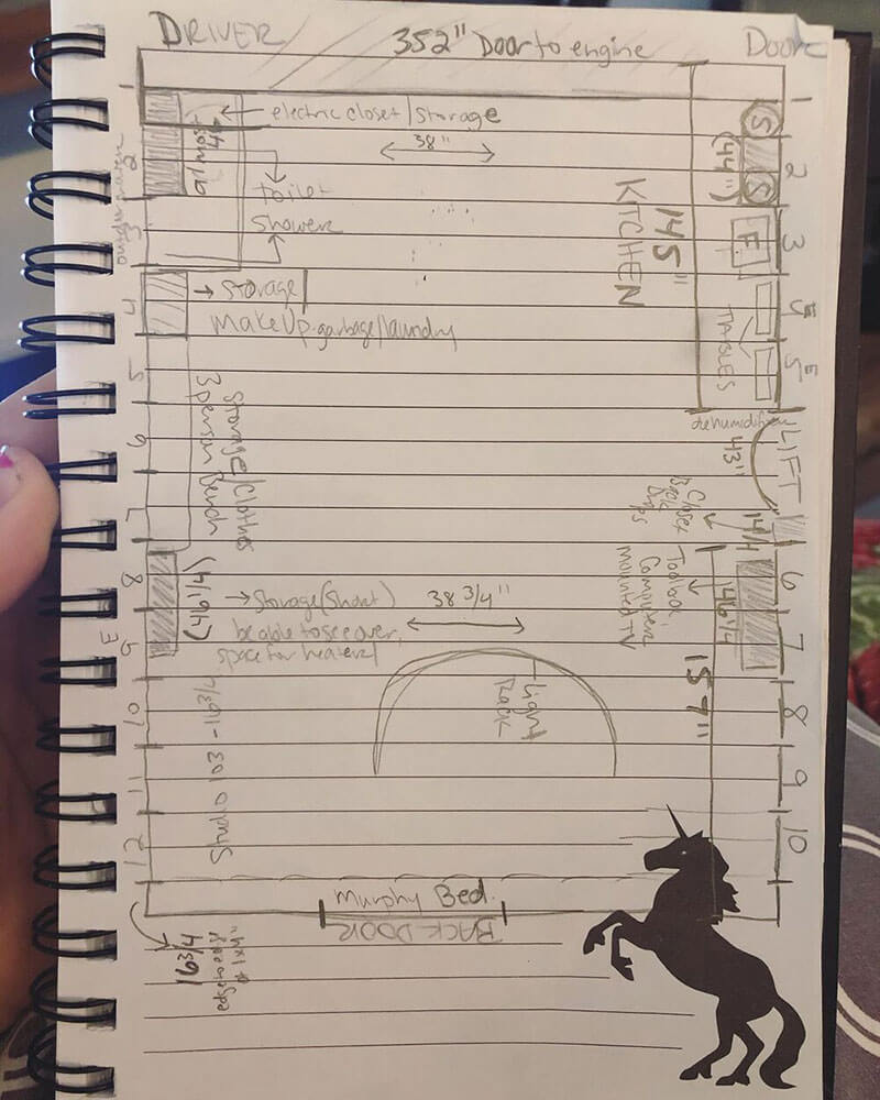 Bus plans were drawn out even before having a bus and stayed fairly the same throughout the build.