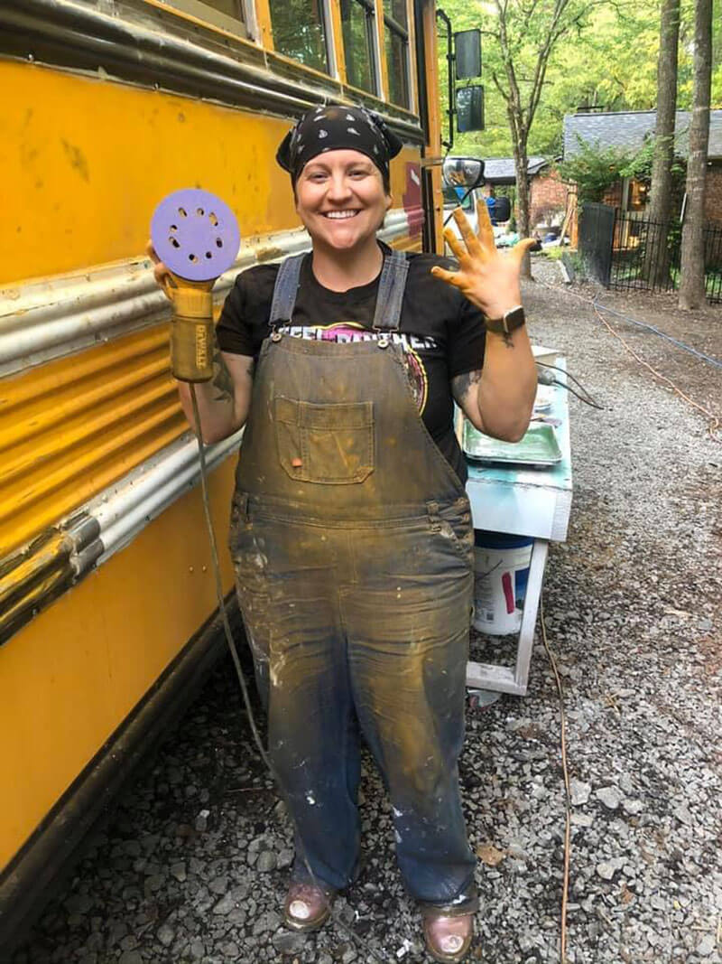 Prepping the bus for paint (April 2020).