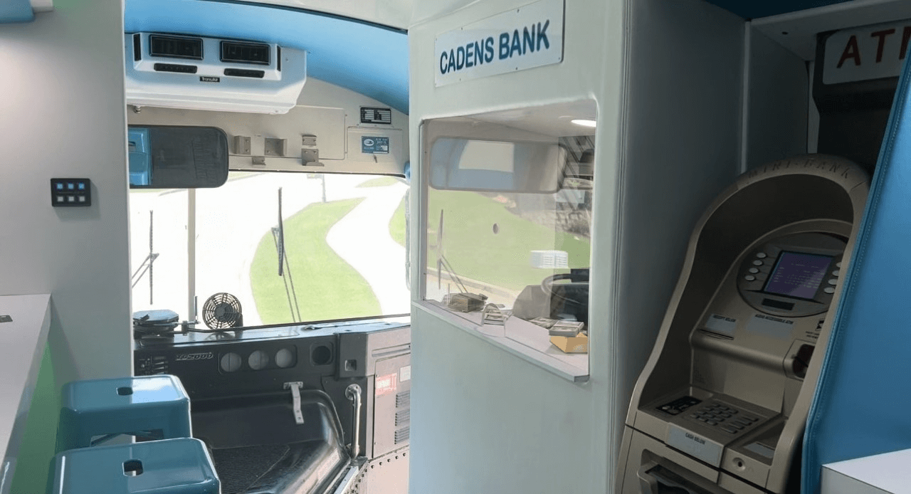 The mock bank and real ATM. 