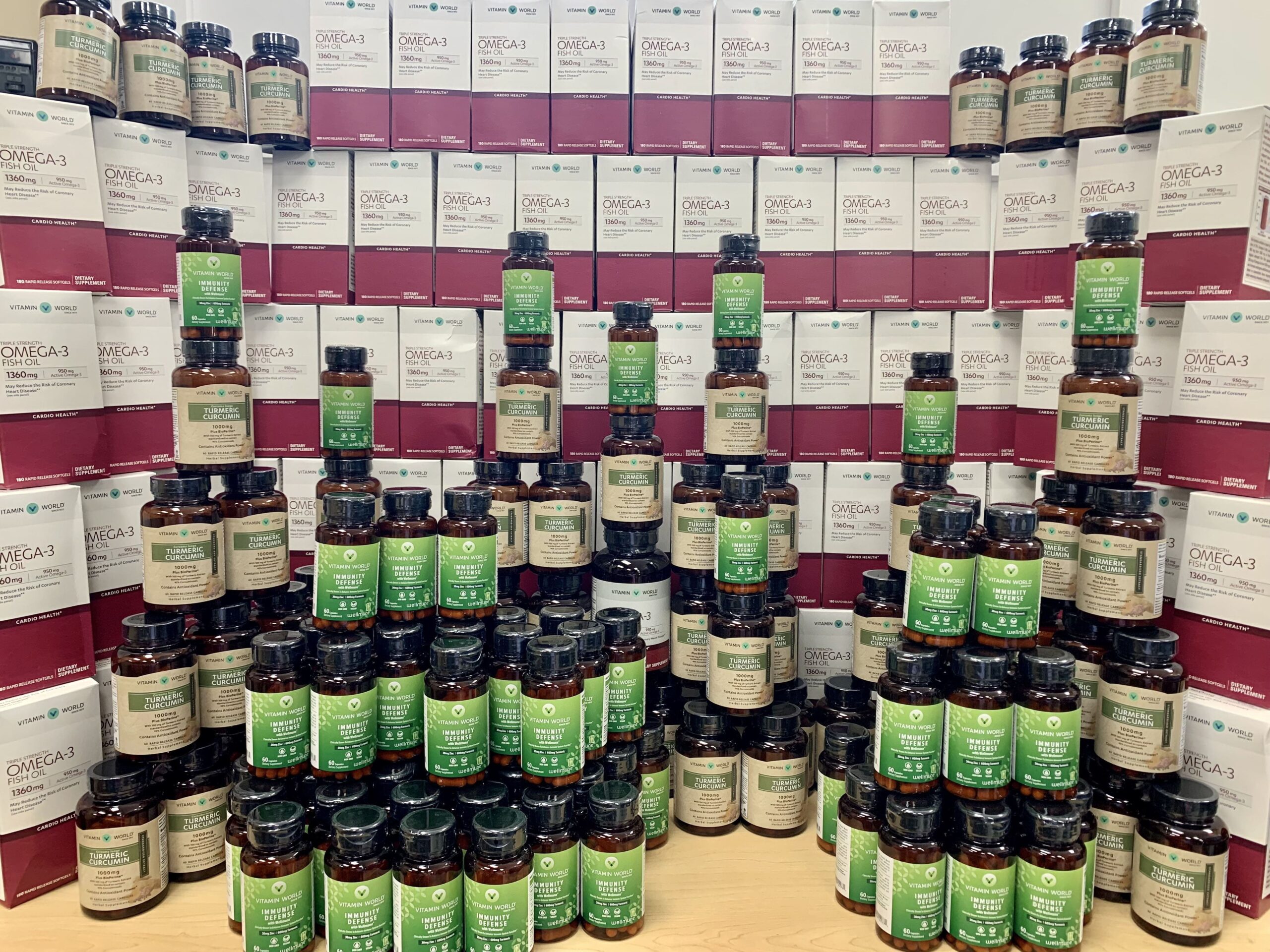 Vitamin World Immune Defense and Fish Oil capsules.
