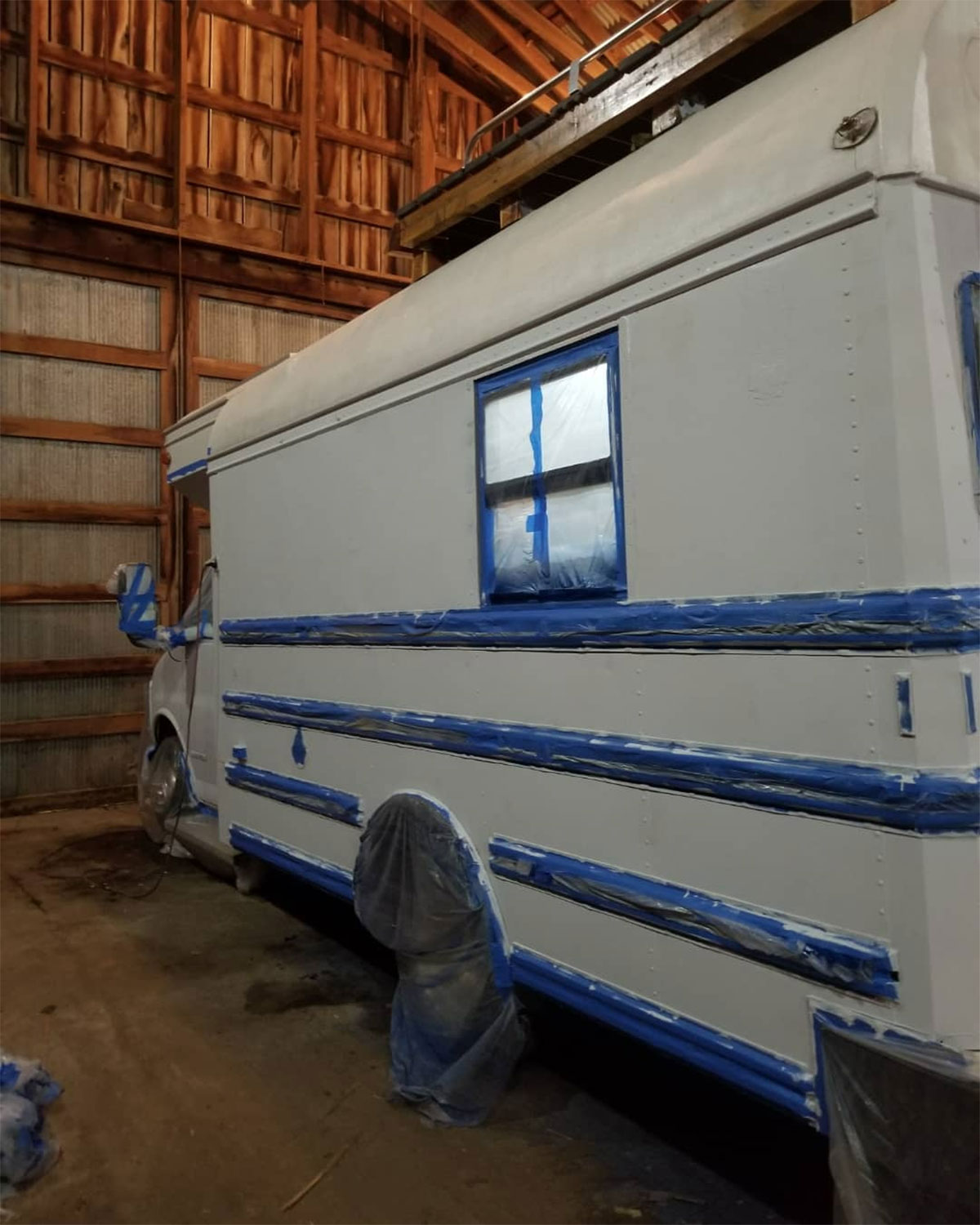 So, so, so much paint prep. Then I had to take it all off and switch to covering everything except the rub rails. Plastic, tape, a razor blade, and I for weeks eagerly awaited the sight of a finished home.
