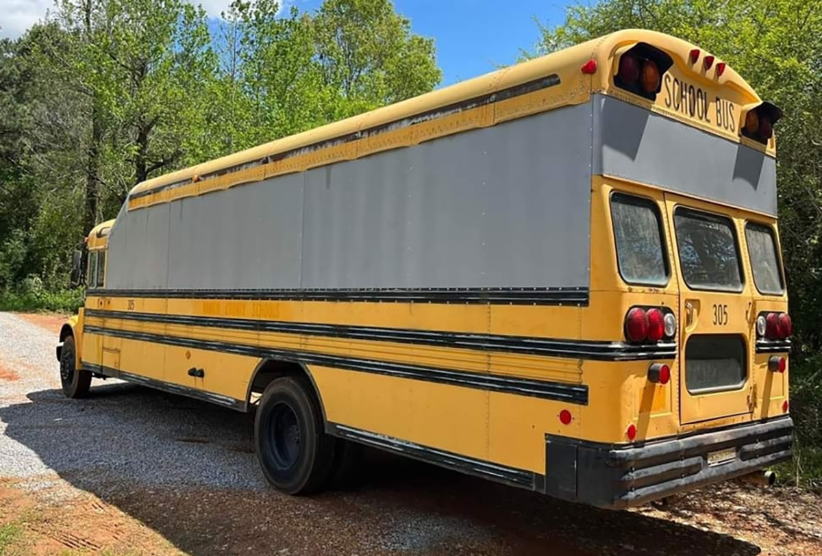 Here is a Skoolie that is in the process of a roof raise and a window delete.  It will be exciting to see how many windows they add back in.